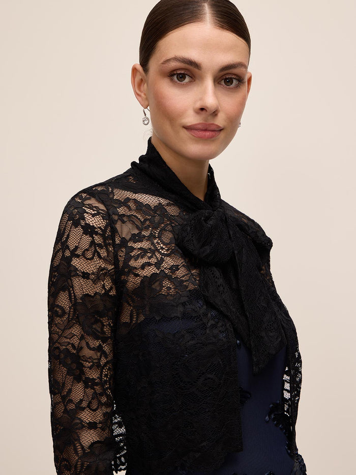 Black Lace Bolero with 3/4 Sleeves and Bow Ties - Close-up Bow Detail - Le Chateau