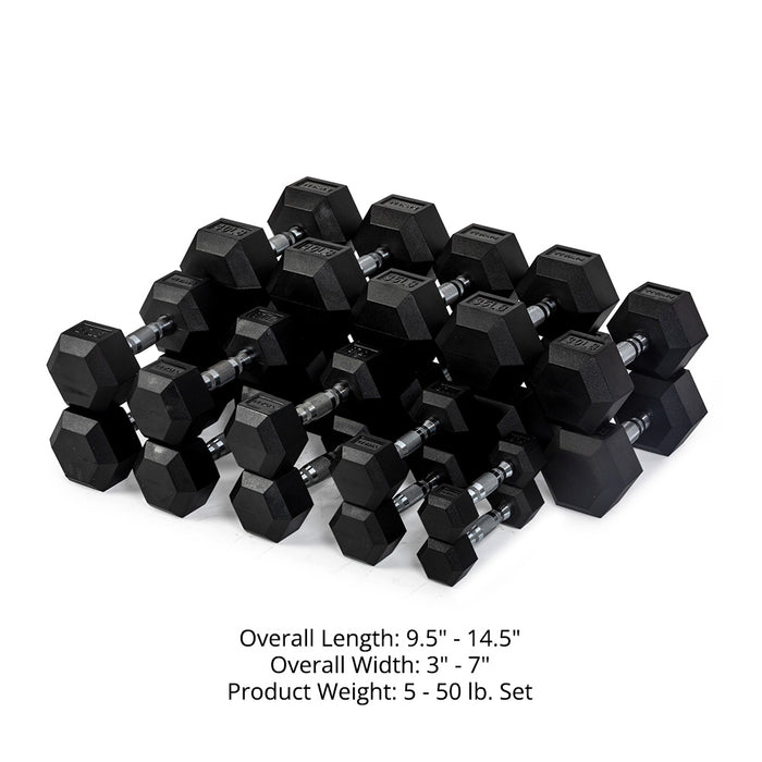 5 LB - 50 LB Pairs Rubber Hex Dumbbells