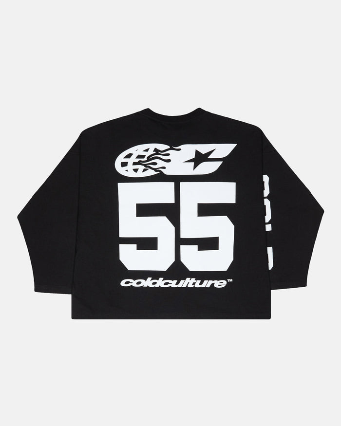 55 FLAMES LONGSLEEVE BLACK - black graphic longsleeve tee, back view - Cold Culture