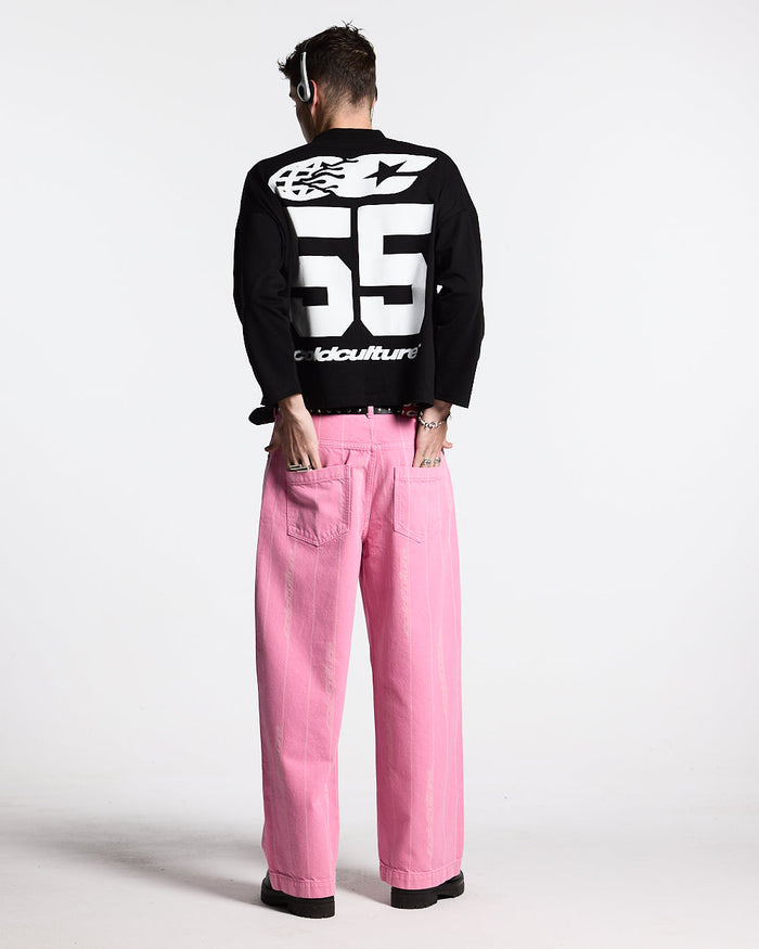 55 FLAMES LONGSLEEVE BLACK - black graphic longsleeve tee, back view on male model - Cold Culture #man