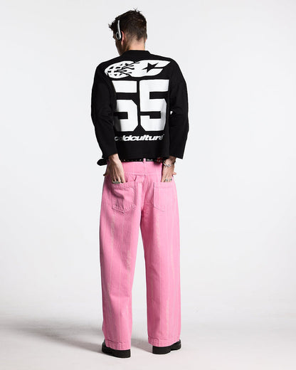 55 FLAMES LONGSLEEVE BLACK - black graphic longsleeve tee, back view on male model - Cold Culture #man