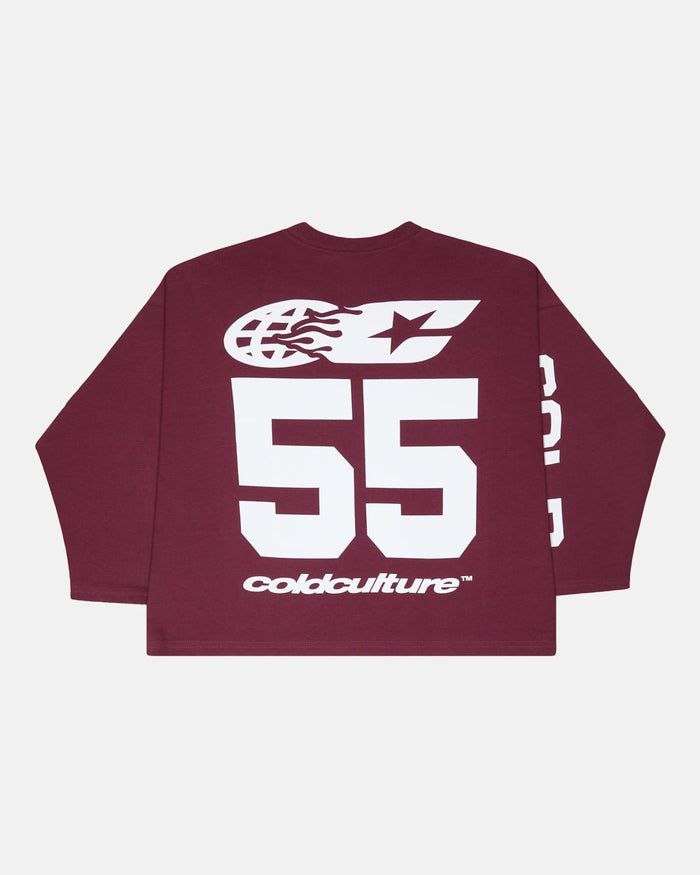 55 FLAMES LONGSLEEVE BURGUNDY - burgundy graphic longsleeve tee, back view - Cold Culture