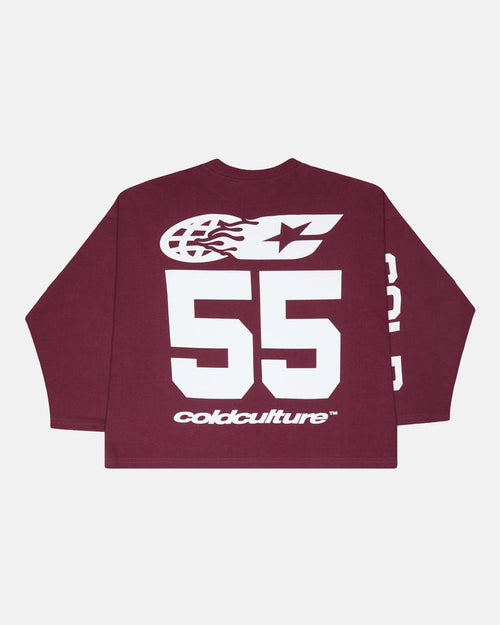 55 FLAMES LONGSLEEVE BURGUNDY - burgundy graphic longsleeve tee, back view - Cold Culture