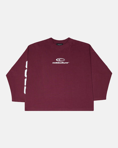 55 FLAMES LONGSLEEVE BURGUNDY - burgundy graphic longsleeve tee, front view - Cold Culture