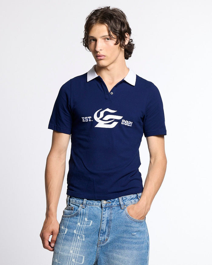 5th AURA SLIM POLO DARK BLUE - dark blue slim fit polo shirt, front view on male model - Cold Culture
