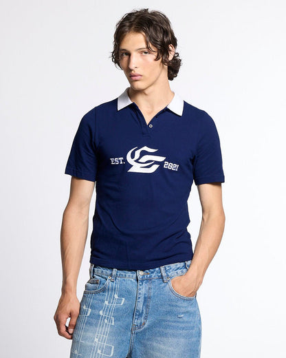5th AURA SLIM POLO DARK BLUE - dark blue slim fit polo shirt, front view on male model - Cold Culture