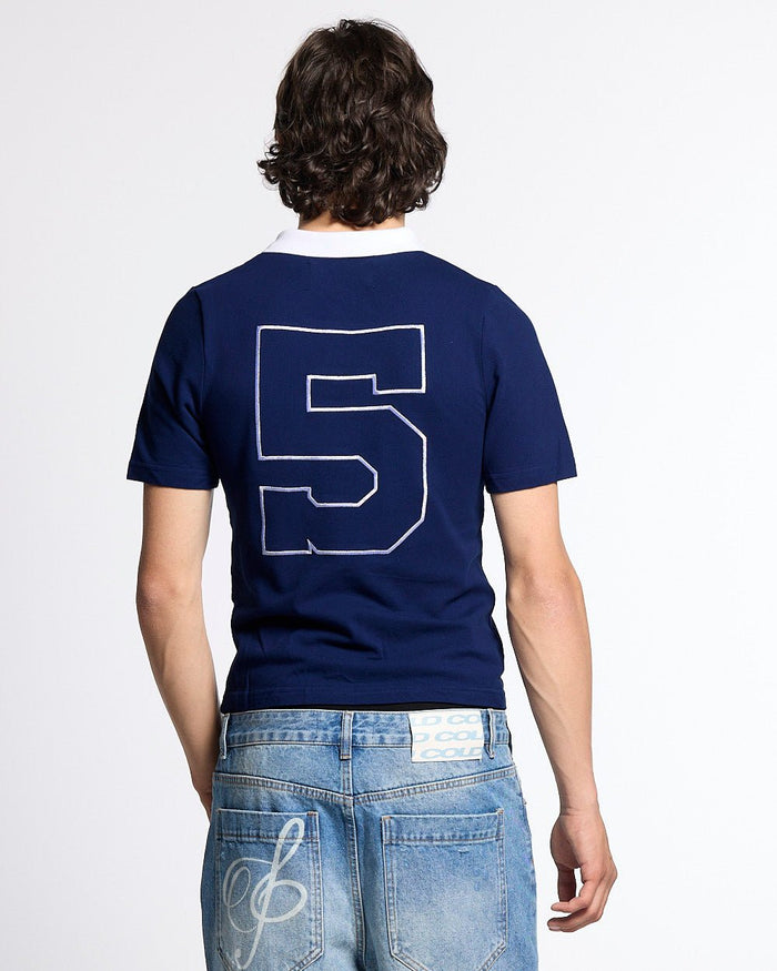 5th AURA SLIM POLO DARK BLUE - dark blue slim fit polo shirt, back view on male model - Cold Culture