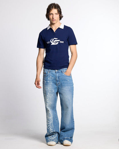 5th AURA SLIM POLO DARK BLUE - dark blue slim fit polo shirt, front view on male model - Cold Culture
