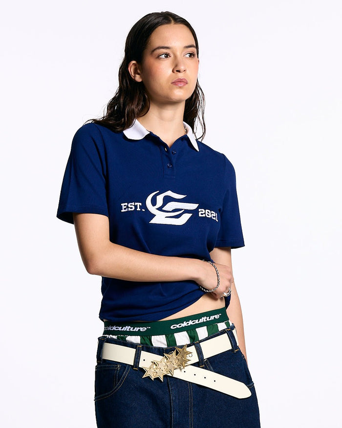 5th AURA SLIM POLO DARK BLUE - dark blue slim fit polo shirt, front view on female model - Cold Culture #woman