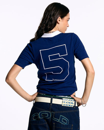 5th AURA SLIM POLO DARK BLUE - dark blue slim fit polo shirt, back view on female model - Cold Culture #woman