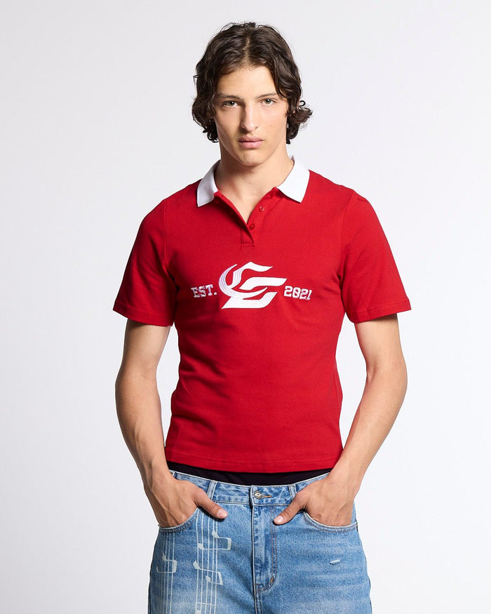 5th AURA SLIM POLO RED - red slim fit polo shirt, front view on male model - Cold Culture