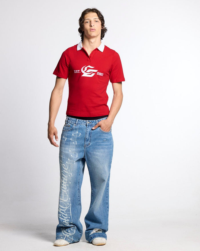 5th AURA SLIM POLO RED - red slim fit polo shirt, front view on male model - Cold Culture