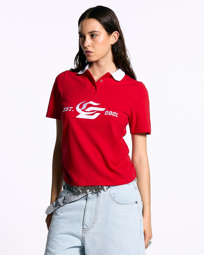 5th AURA SLIM POLO RED - red slim fit polo shirt, front view on female model - Cold Culture #woman