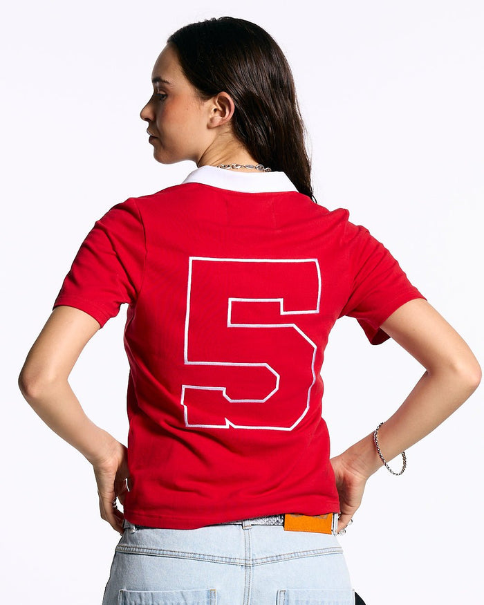 5th AURA SLIM POLO RED - red slim fit polo shirt, back view on female model - Cold Culture #woman