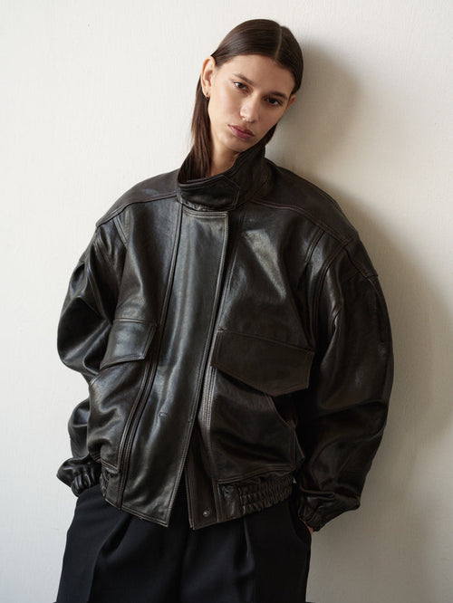 90' BOMBER LEATHER JACKET IN DARK BROWN