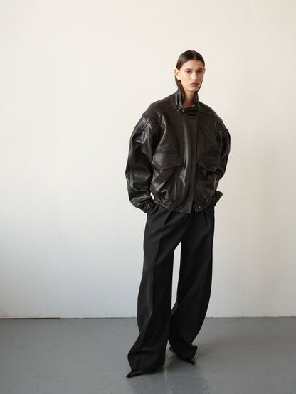 90' BOMBER LEATHER JACKET IN DARK BROWN