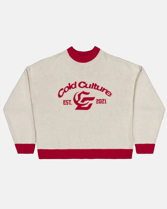 ACADEMY KNIT ACID WHITE - cream knit sweater with red trim, front view - Cold Culture