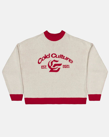ACADEMY KNIT ACID WHITE - cream knit sweater with red trim, front view - Cold Culture