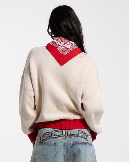 ACADEMY KNIT ACID WHITE - cream knit sweater with red trim, back view on female model - Cold Culture #woman