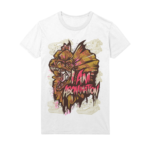 A white T-shirt from I Am Abomination featuring a fierce, stylized fish with sharp teeth and bold "I AM ABOMINATION" text in bright pink and white alongside the graphic.