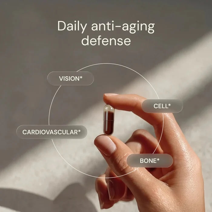 Hand holding a capsule with 'Daily anti-aging defense' text and focus on vision, cell, cardiovascular, and bone health.