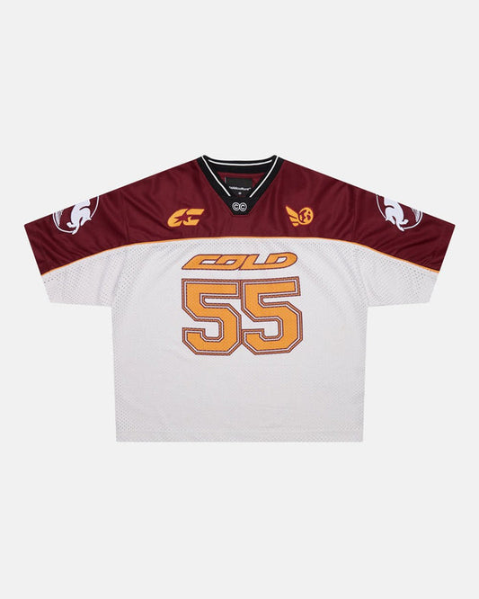 AERO STEED TEE CREAM/BURGUNDY - cream and burgundy mesh jersey tee, front view - Cold Culture