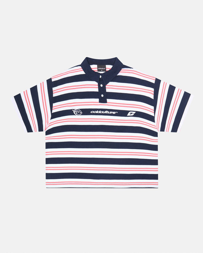 AEROSTRIPES POLO BLUE SEA/CORAL - navy and coral striped polo shirt, front view - Cold Culture