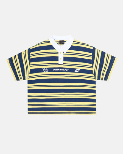 AEROSTRIPES POLO YELLOW/BLUE - yellow and blue striped polo shirt, front view - Cold Culture