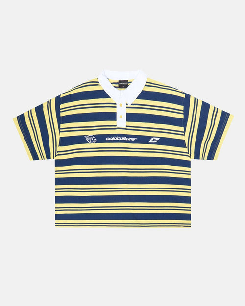 AEROSTRIPES POLO YELLOW/BLUE - yellow and blue striped polo shirt, front view - Cold Culture