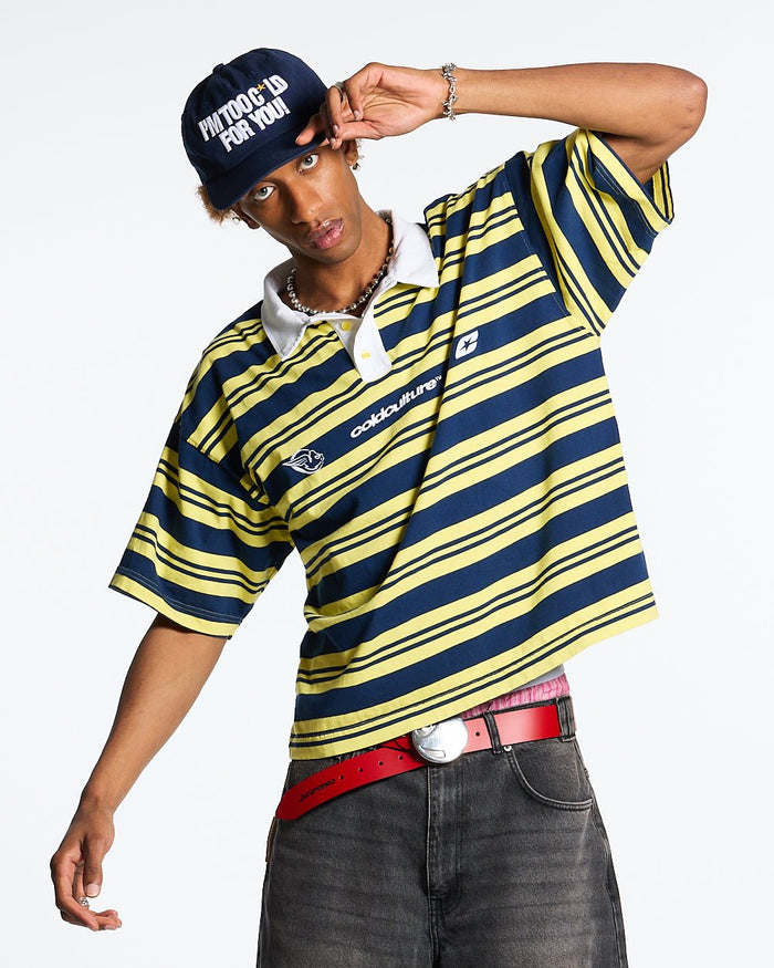 AEROSTRIPES POLO YELLOW/BLUE - yellow and blue striped polo shirt, front view on male model - Cold Culture #man