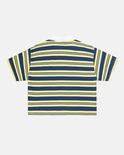 AEROSTRIPES POLO YELLOW/BLUE - yellow and blue striped polo shirt, back view - Cold Culture