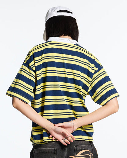 AEROSTRIPES POLO YELLOW/BLUE - yellow and blue striped polo shirt, back view on female model - Cold Culture #woman