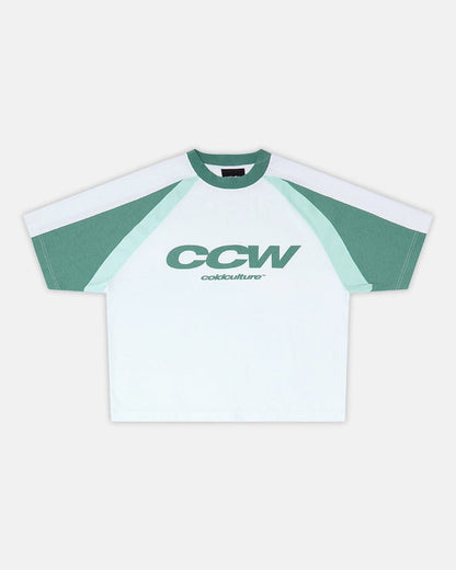 AIRBORNE TEE WHITE AND GREEN - white and green raglan tee, front view - Cold Culture
