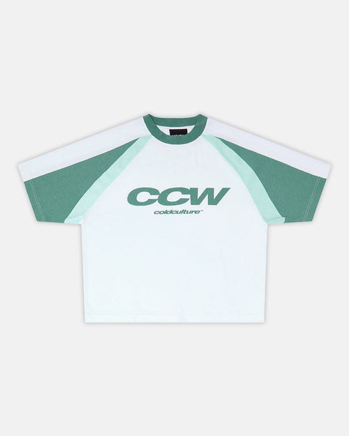 AIRBORNE TEE WHITE AND GREEN - white and green raglan tee, front view - Cold Culture