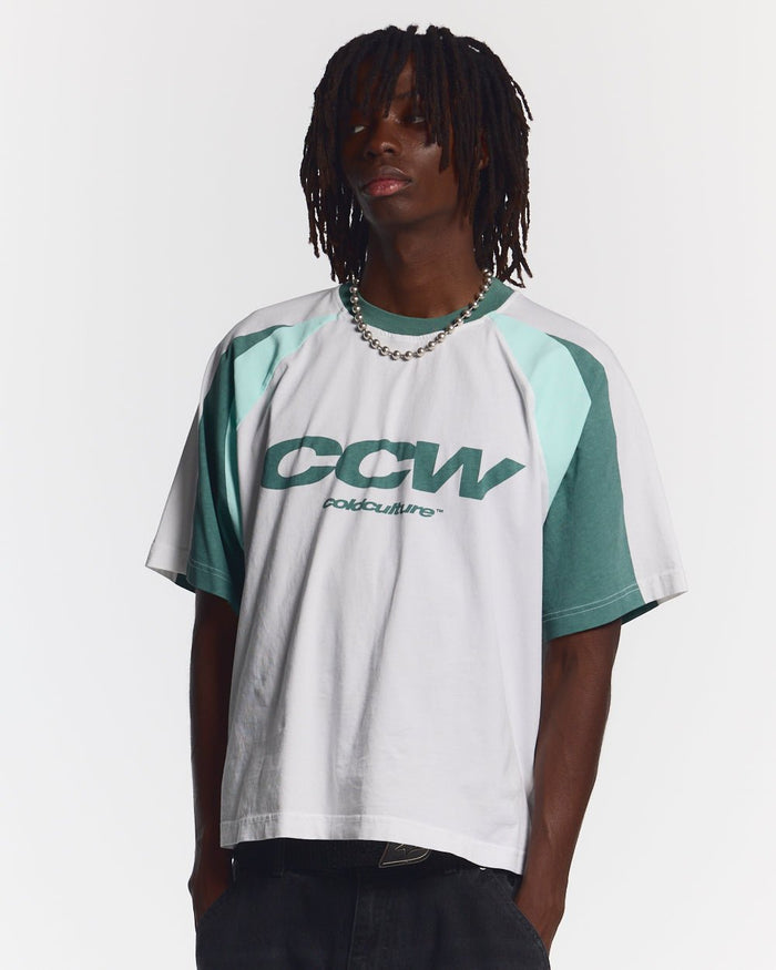 AIRBORNE TEE WHITE AND GREEN - white and green raglan tee, front view on male model - Cold Culture #man