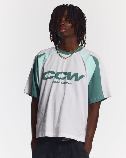 AIRBORNE TEE WHITE AND GREEN - white and green raglan tee, front view on male model - Cold Culture #man