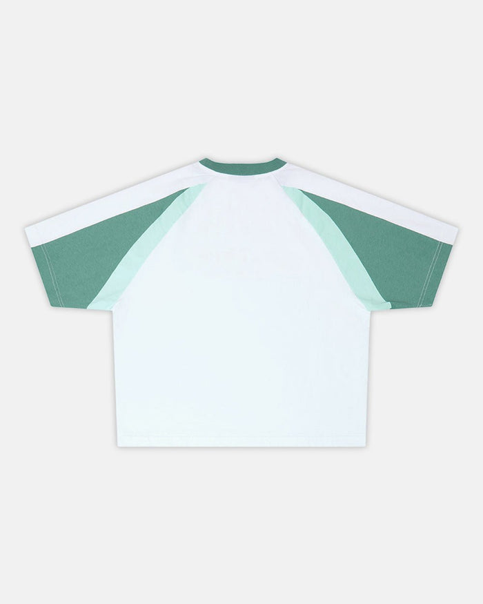 AIRBORNE TEE WHITE AND GREEN - white and green raglan tee, back view - Cold Culture