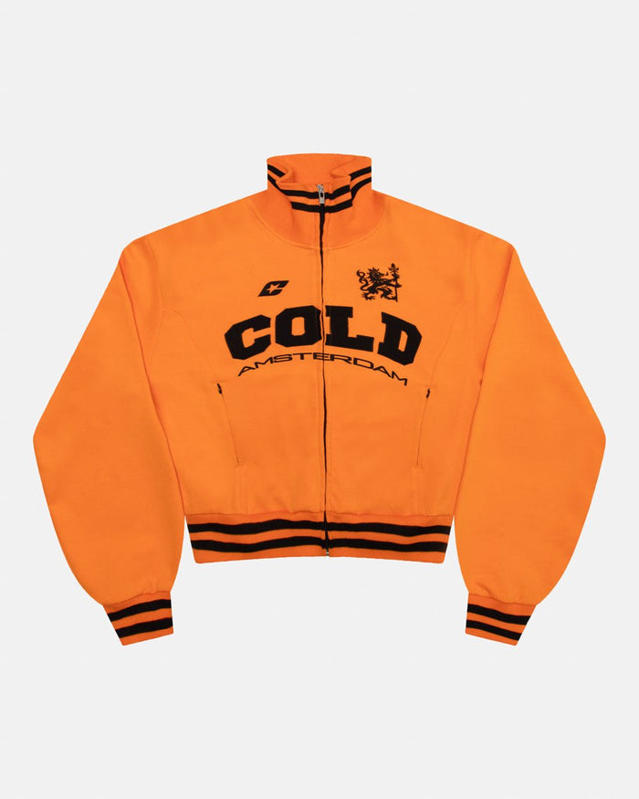 AMSTERDAM JACKET PERSIMMON ORANGE - orange zip-up hoodie, front view - Cold Culture