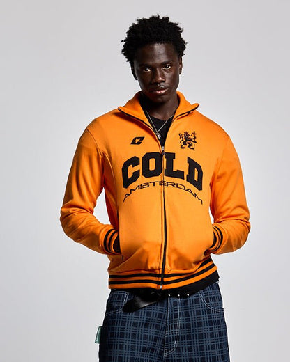 AMSTERDAM JACKET PERSIMMON ORANGE - orange zip-up hoodie, front view on male model - Cold Culture #man