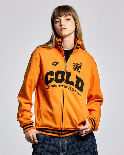 AMSTERDAM JACKET PERSIMMON ORANGE - orange zip-up hoodie, front view on female model - Cold Culture #woman