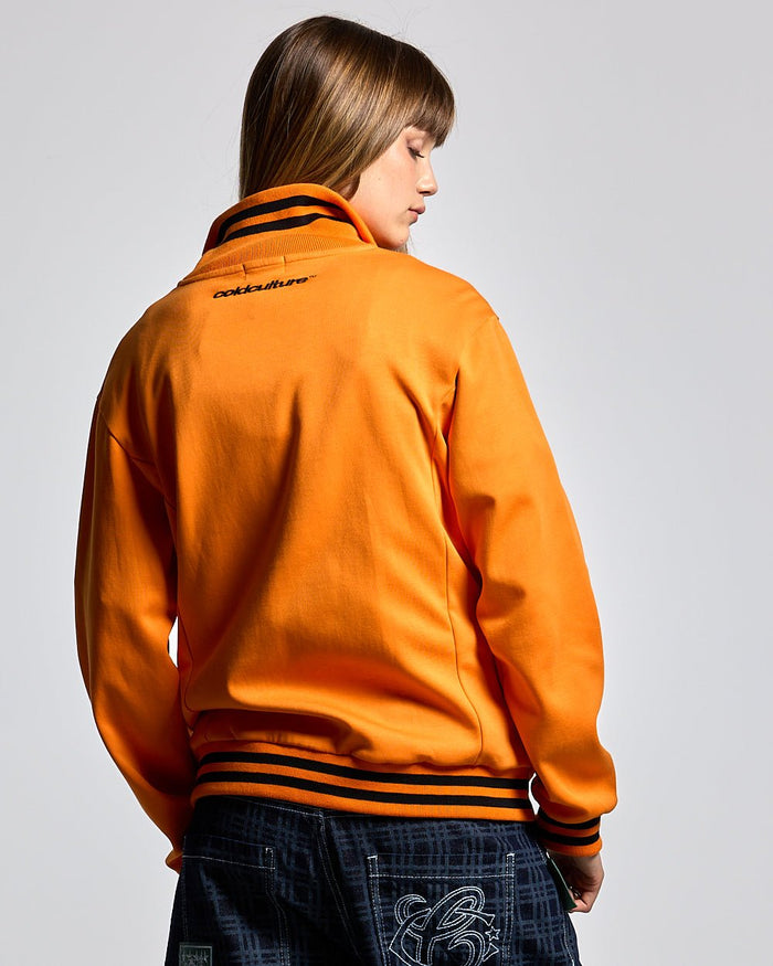 AMSTERDAM JACKET PERSIMMON ORANGE - orange zip-up hoodie, back view on female model - Cold Culture #woman