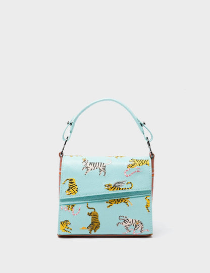 Anastasio Micro Crossbody Handbag Eggshell Blue Leather - Retro Tiger Embroidery