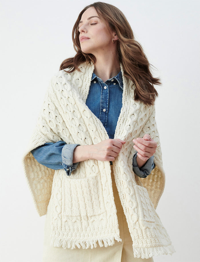 Aran Shawl Wrap with Pockets – Natural White #color_natural-white