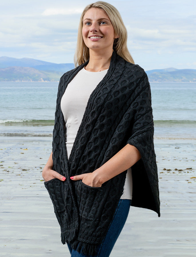 Aran Shawl Wrap with Pockets – Black #color_black