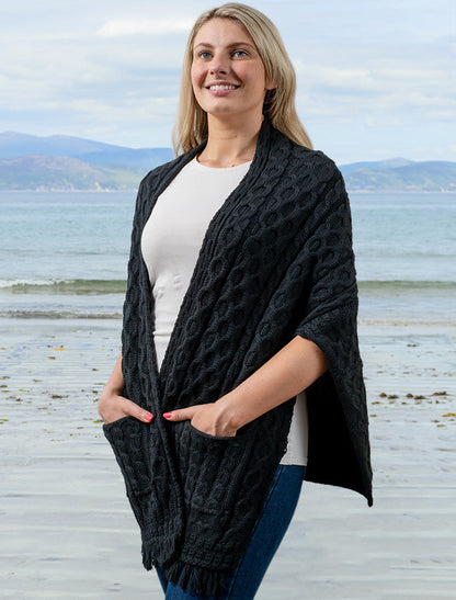Aran Shawl Wrap with Pockets – Black #color_black