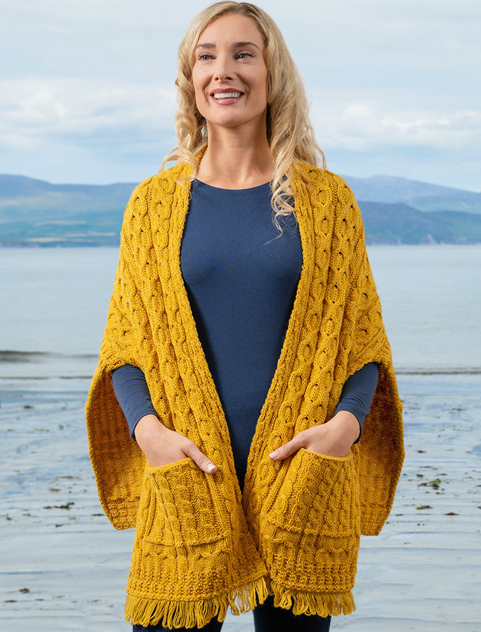 Aran Shawl Wrap with Pockets - Sunflower Yellow #color_sunflower-yellow