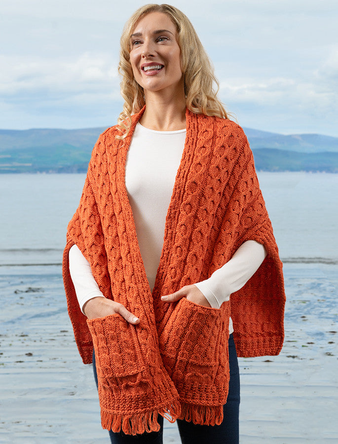 Aran Shawl Wrap with Pockets - Autumn Leaf #color_autumn-leaf