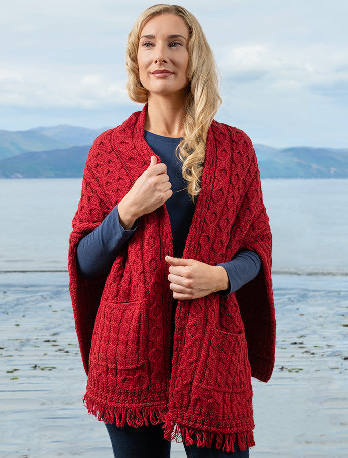 Aran Shawl Wrap with Pockets – Chillipepper #color_chillipepper