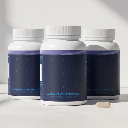 Three bottles of Blueprint Ashwagandha and Rhodiola supplement for stress support and recovery