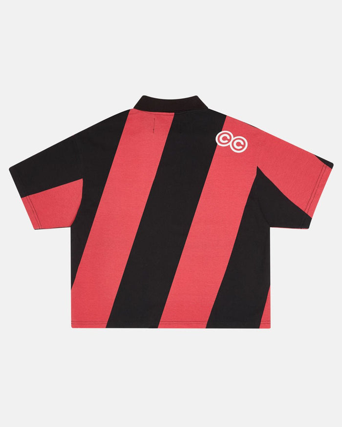 ASLANT STRIPES POLO TEE BLACK AND RED - red and black striped polo shirt, back view - Cold Culture